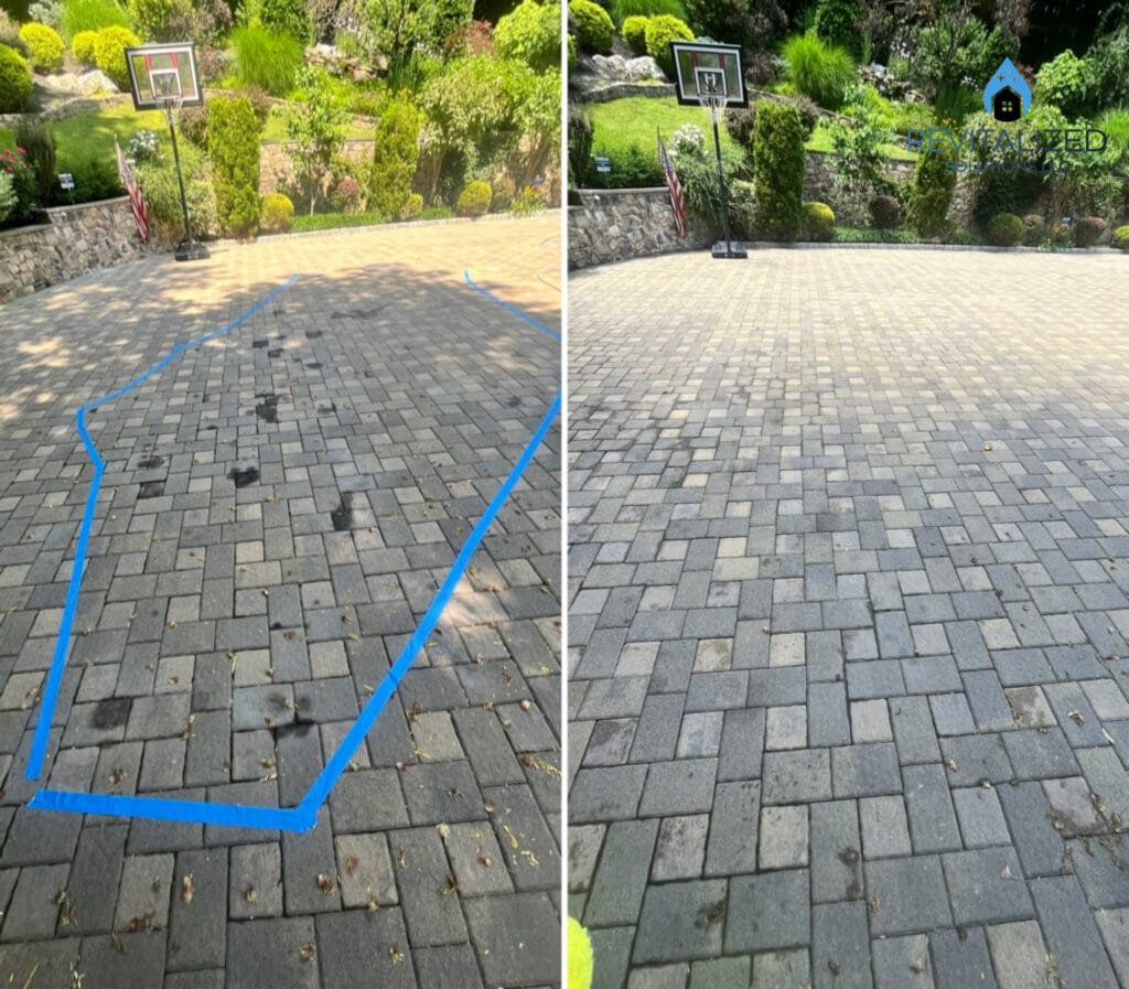 Before and after of professional oil stain removal on a paver driveway in Potomac, Maryland.